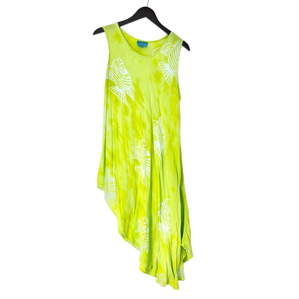 Vintage Lime Green Fish Print Tie Dyed Asymmetrical Dress
